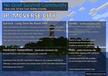 MCVerse No Grief Survival Community. [SMP, Hardcore, Vanilla, Creative] Featuring No Reset SMP: 10+ Year Goal. Permanent Claims. Player Economy and Mined Blocks. 72 Hour Dead Chest. Optional PvP Minecraft Bedrock Server