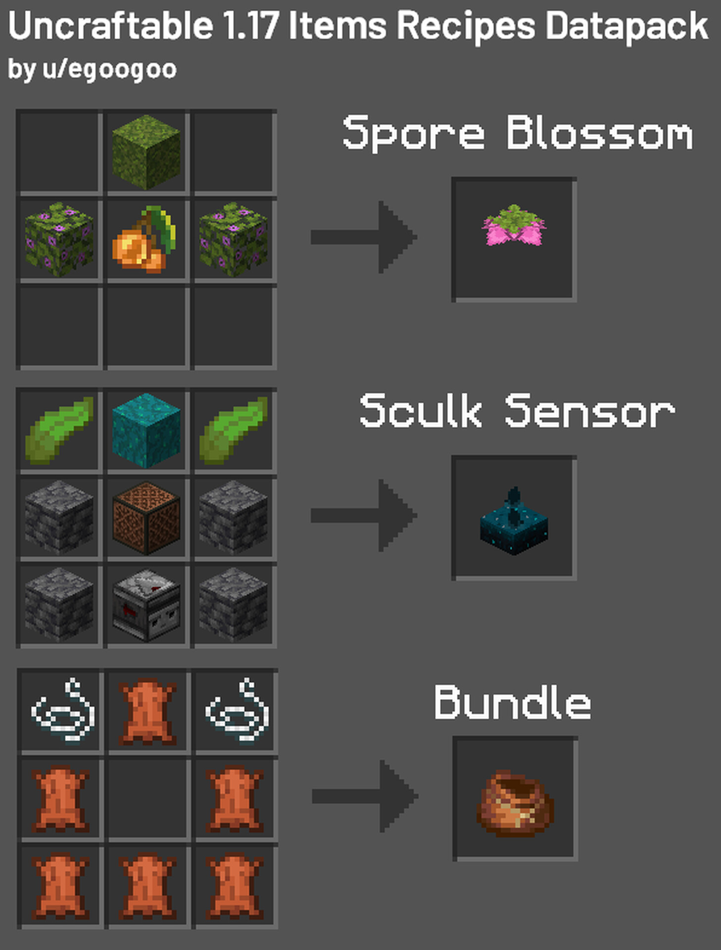 Sculk Sensors, Bundle, and Spore Blossoms Crafting Recipes Datapack for