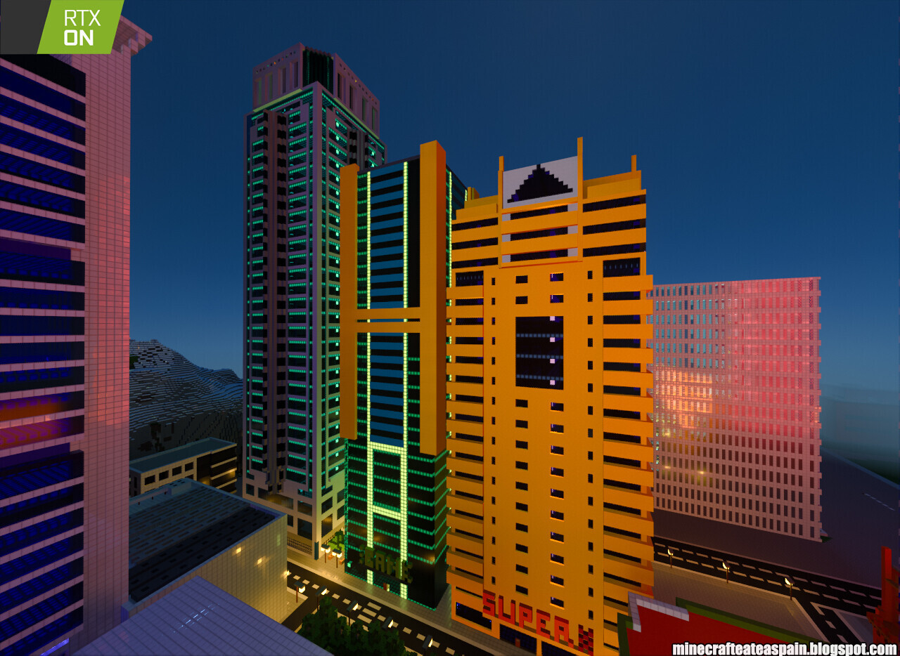 Minecrafteate at RTX, Nº2 Night city with neon lights. Minecraft Map