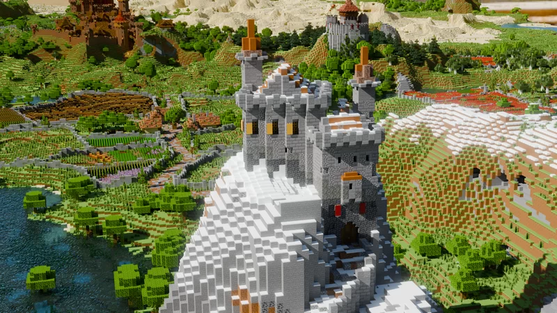 Medieval Mountain Castle with farming Village and ruins Minecraft Map