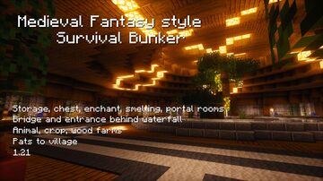 Medieval Fantasy Survival Bunker + Challenge  I Full interior I Storage,smelting areas, food,wood farms I Download Minecraft Map & Project