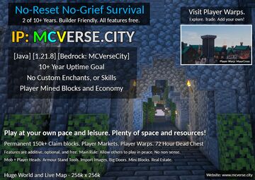 MCVerseCity No-Grief survival with No-Reset World. Prepaid 2027. Permanent 150k+ claimblocks. Player-mined blocks and economy. 72 Hour Dead Chest. Optional PvP. Clean and game-focused chat. No custom! Minecraft Server