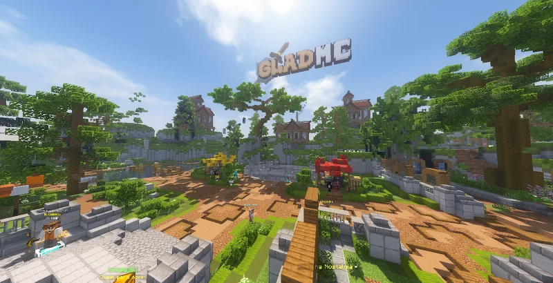Print do spawn do FullPvP Rankup do GladMC, com uma estrutura imponente e rea preparada para batalhas, progresso de ranks e muita ao.