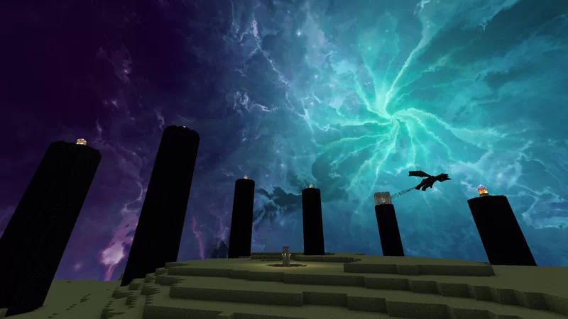 The End - The End pillars with the Ender Dragon flying by