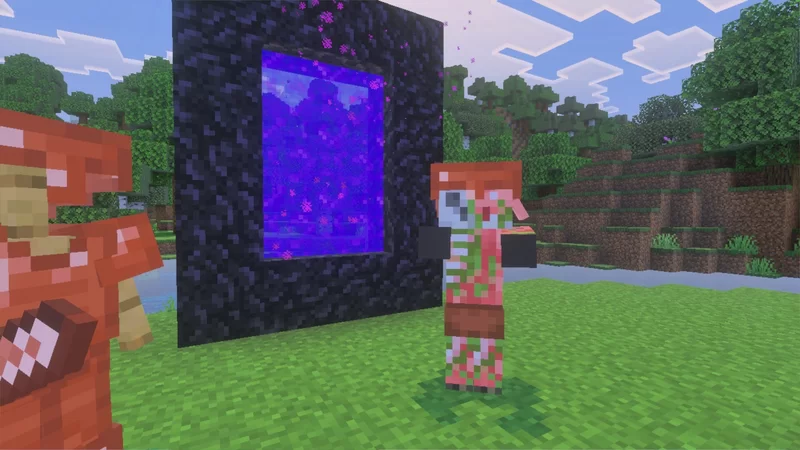 A zombified piglin wearing a copper helmet in the overworld. A nether portal is seen in the background as well as an armor stand with a full set of copper armor.
