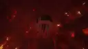 A happy ghast wearing a dark green harness, exploring the nether.