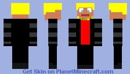 Man blond hair black jacket red top black pants grey shoes Minecraft Skin