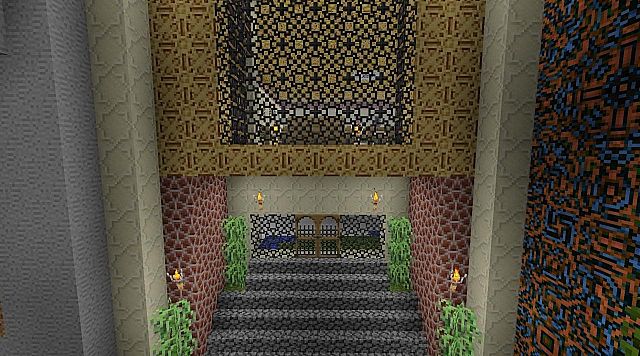 Sandstone, brick, gold, and glass, with reeds