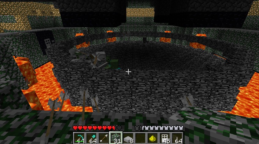 Made the arena out of bedrock so creepers cannot destroy it, this shows skeletons/creepers/zombies in there.