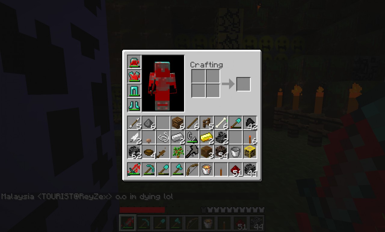 As you see, the diamond armor and sword are full of blood. Blood is also on iron and gold armor and swords. Hence the name of the texture, the blocks look wacky and ugly.