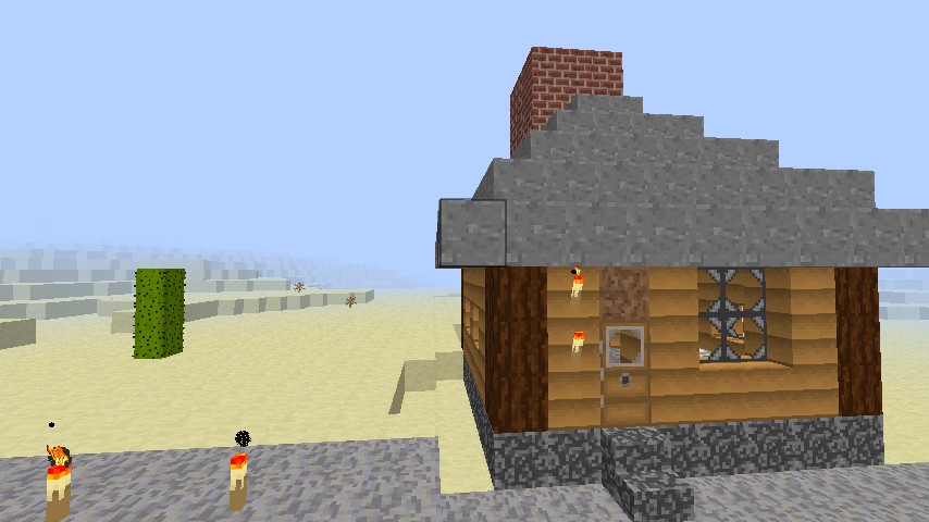 One of my houses displaying stone, dark wood, doors, bricks, torches, and wooden planks.