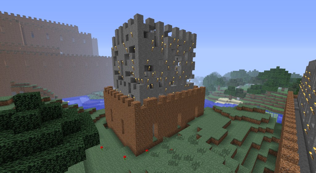 Using mountain_castle.js, added 300 towers in a tiny area...