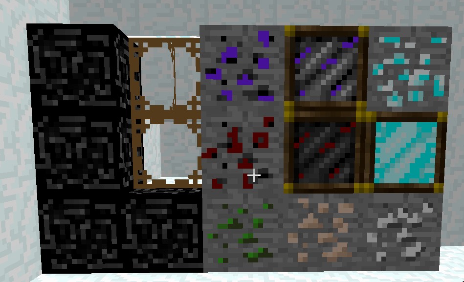 The ores and thier blocks + bedrock and glass.