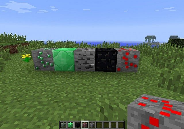 diamond ore, diamond block, iron ore, iron block and emerald ore