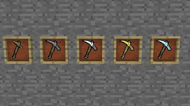 Wooden pickaxe, Stone pickaxe, Iron pickaxe, Gold pickaxe, Diamond pickaxe