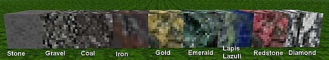 The ores from left to right - Stone, Gravel, Coal Ore, Iron Ore, Gold Ore, Emerald Ore, Lapis Lazuli Ore, Redstone, Diamond Ore