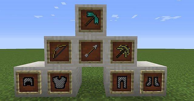 My favorite update so far! includes Top Diamond Pickaxe Middle Bow, Arrow, and the Golden Pickaxe Bottom And finally, the chain armor!