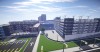 The loading docks between the parking structure and the rehabilitation centre, with the main building in the background.