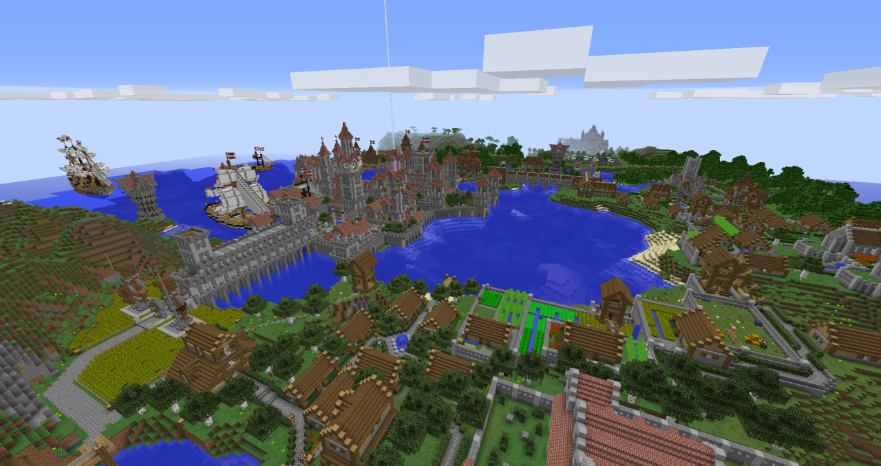 Medieval fantasy castle with harbour and village Minecraft Map