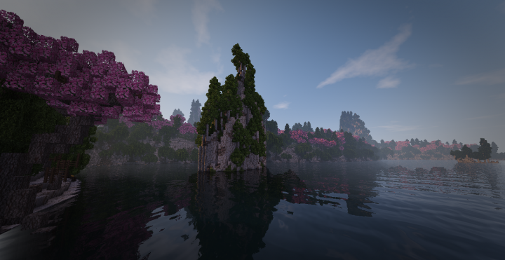 Biome inspired by tianzi mountains in china and a Japanese forest. A large lake at the center of this biome